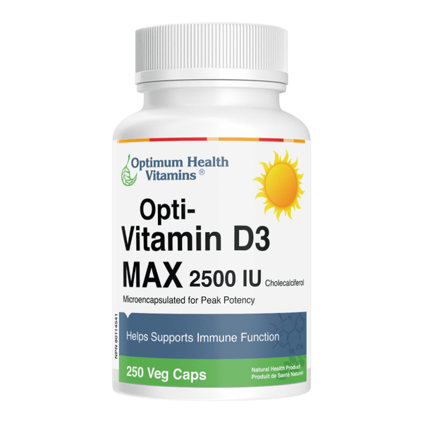 Bottle of Optimum Health Vitamins Opti-Vitamin D3 MAX 2500IU 250 Veg Caps