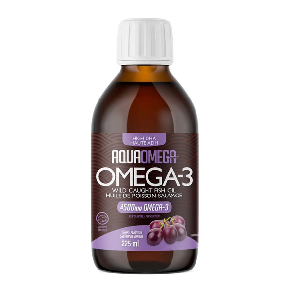 Bottle of AquaOmega Omega-3 Wild Caught Fish Oil 225 mL