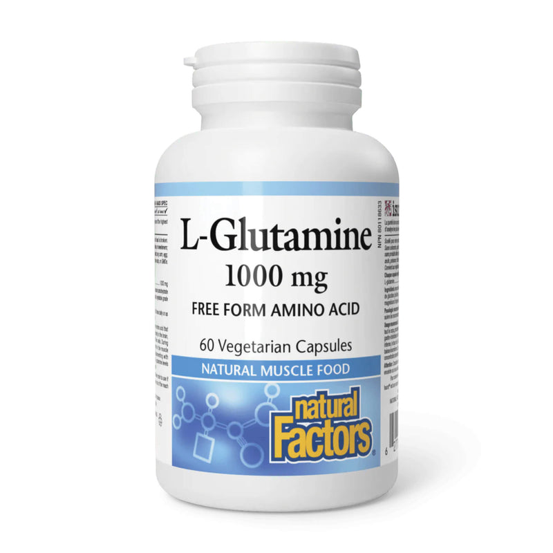 Bottle of Natural Factors L-Glutamine 1000mg Free Form Amino Acid 60 Vegetarian Capsules