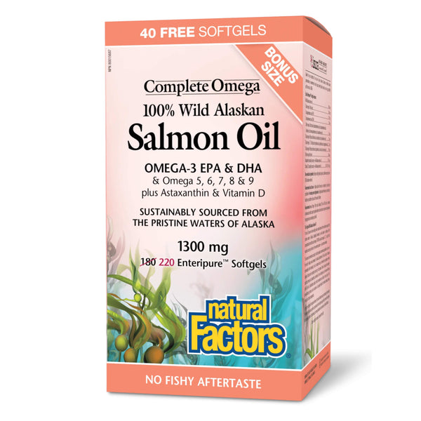 Bottle of Natural Factors Complete Omega® 100% Wild Alaskan Salmon Oil 1300mg Enteric-Coated (Bonus) 220 Softgels