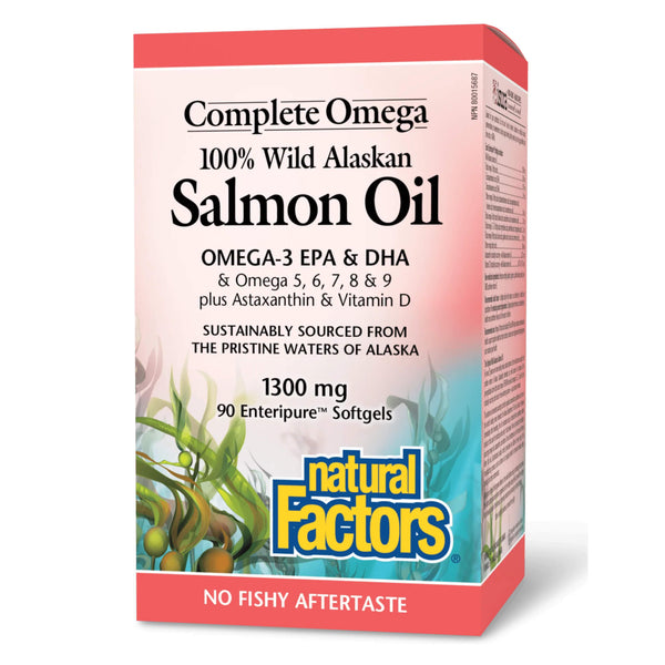 Bottle of Natural Factors Complete Omega® 100% Wild Alaskan Salmon Oil 1300mg Enteric-Coated 90 Softgels