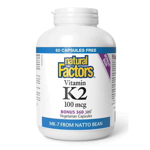 Bottle of Natural Factors Vitamin K2 100 mcg 360 Vegetarian Capsules
