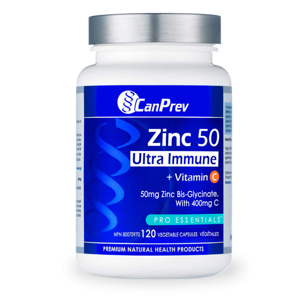 Bottle of CanPrev Zinc 50 Ultra Immune + Vitamin C 120 Vegetable Capsules